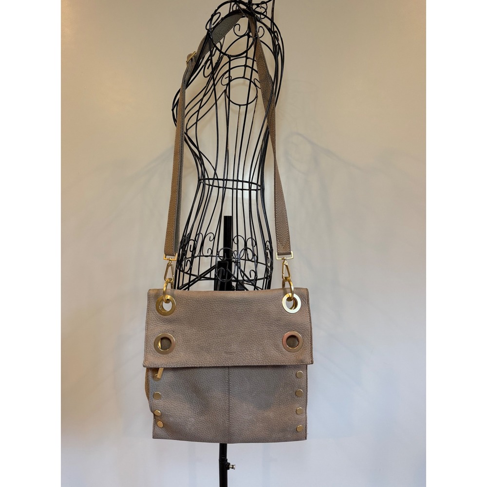 Hammitt Montana Large Taupe Pebbled Leather Crossbody Gold Hardware Red Lining